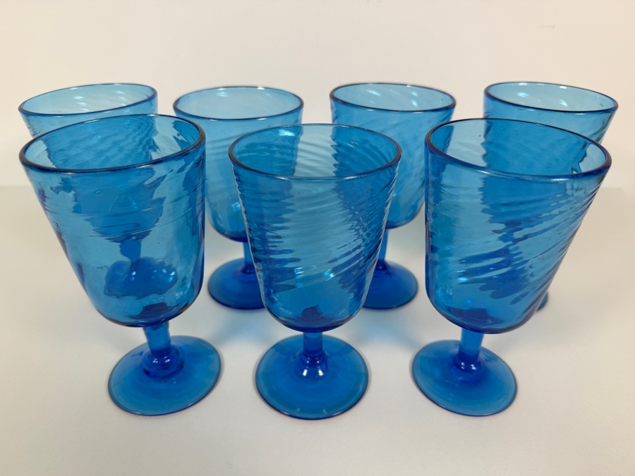Just Added - Vintage Blue Glass Swirl Optic Stemmed Goblets Set Of 6, Hand Blown Teal Aqua Ribbed Footed Wine Water Cocktail Chalice Glasses Mid Century Modern Cafe Barware 6'H [Photo 4]