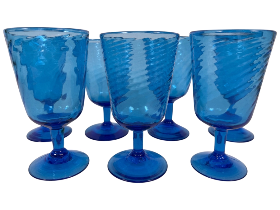 Just Added - Vintage Blue Glass Swirl Optic Stemmed Goblets Set Of 6, Hand Blown Teal Aqua Ribbed Footed Wine Water Cocktail Chalice Glasses Mid Century Modern Cafe Barware 6'H