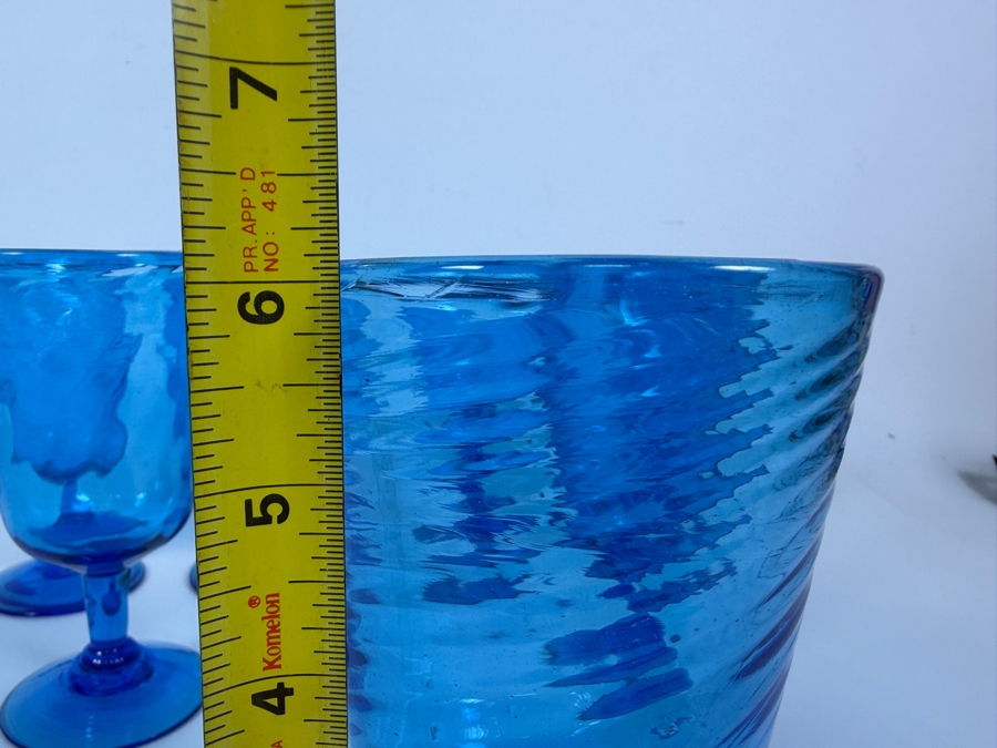 Just Added - Vintage Blue Glass Swirl Optic Stemmed Goblets Set Of 6, Hand Blown Teal Aqua Ribbed Footed Wine Water Cocktail Chalice Glasses Mid Century Modern Cafe Barware 6'H [Photo 7]