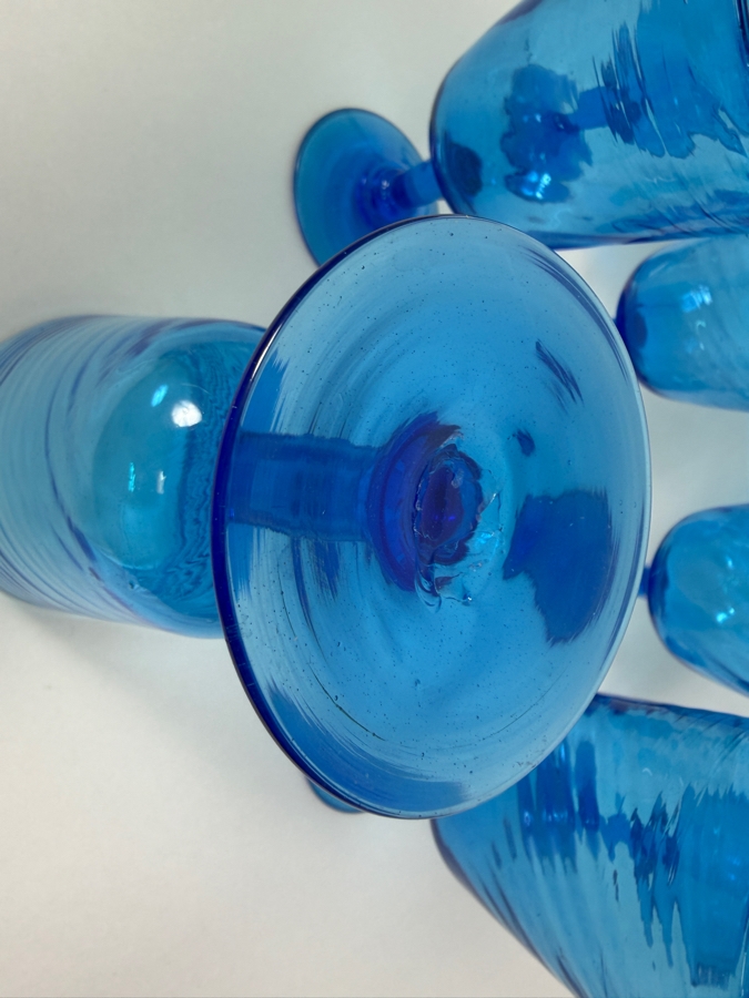 Just Added - Vintage Blue Glass Swirl Optic Stemmed Goblets Set Of 6, Hand Blown Teal Aqua Ribbed Footed Wine Water Cocktail Chalice Glasses Mid Century Modern Cafe Barware 6'H [Photo 6]