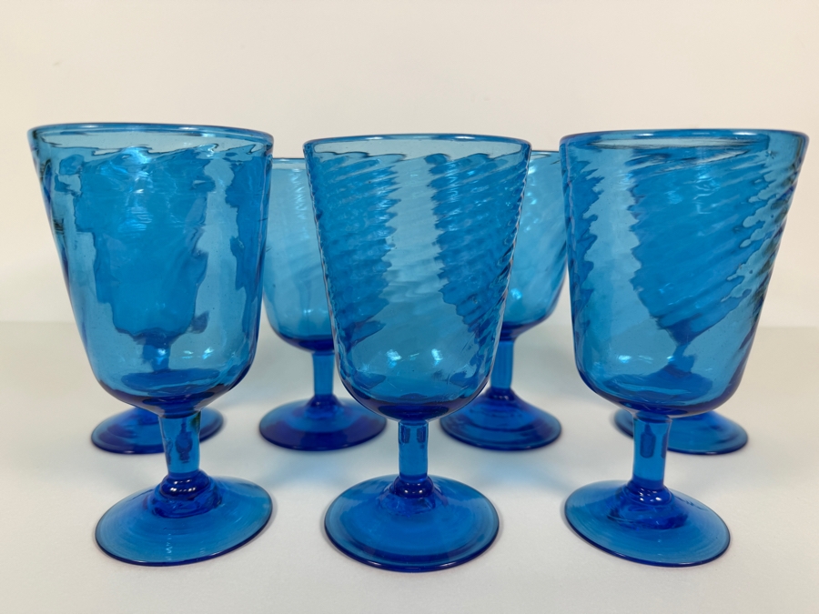 Just Added - Vintage Blue Glass Swirl Optic Stemmed Goblets Set Of 6, Hand Blown Teal Aqua Ribbed Footed Wine Water Cocktail Chalice Glasses Mid Century Modern Cafe Barware 6'H [Photo 2]