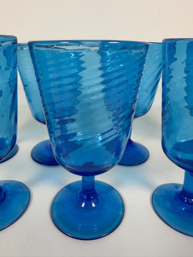 Just Added - Vintage Blue Glass Swirl Optic Stemmed Goblets Set Of 6, Hand Blown Teal Aqua Ribbed Footed Wine Water Cocktail Chalice Glasses Mid Century Modern Cafe Barware 6'H [Photo 5]