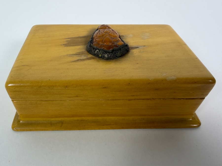 Just Added - Vintage Handcrafted White Holly Box By A. B. Stewart With Applied Hand Carved Buddha Inlay Medallion 5.5'W X 3.5'D X 2'H [Photo 3]