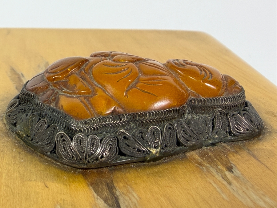 Just Added - Vintage Handcrafted White Holly Box By A. B. Stewart With Applied Hand Carved Buddha Inlay Medallion 5.5'W X 3.5'D X 2'H [Photo 8]