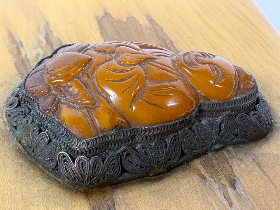 Just Added - Vintage Handcrafted White Holly Box By A. B. Stewart With Applied Hand Carved Buddha Inlay Medallion 5.5'W X 3.5'D X 2'H [Photo 9]