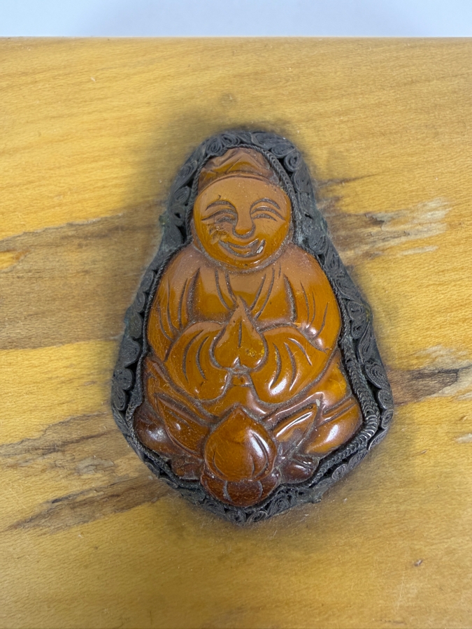 Just Added - Vintage Handcrafted White Holly Box By A. B. Stewart With Applied Hand Carved Buddha Inlay Medallion 5.5'W X 3.5'D X 2'H [Photo 2]
