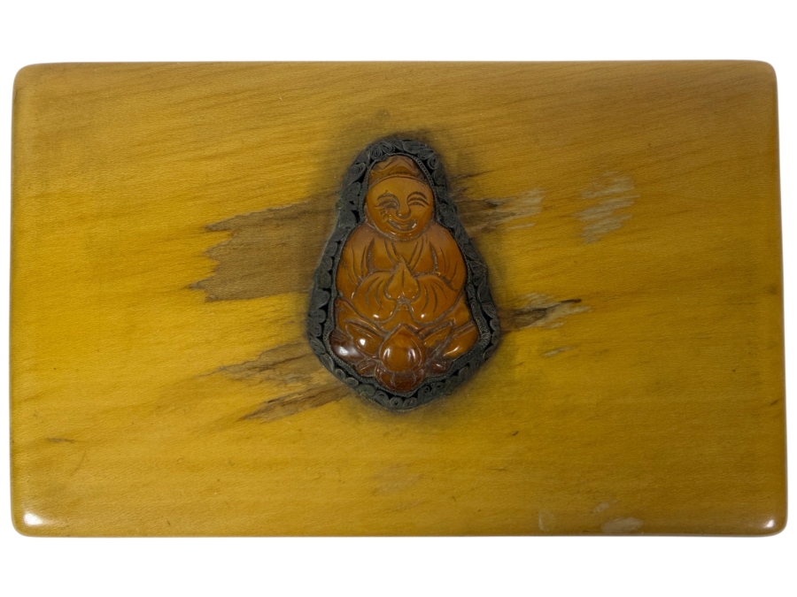 Just Added - Vintage Handcrafted White Holly Box By A. B. Stewart With Applied Hand Carved Buddha Inlay Medallion 5.5'W X 3.5'D X 2'H