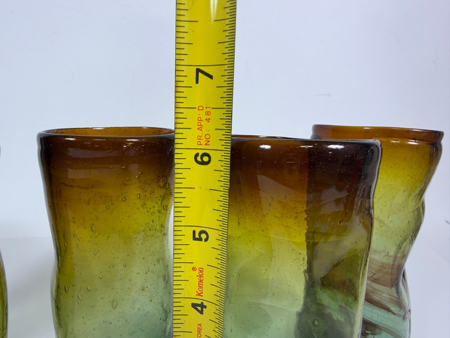Just Added - Vintage Mexican Hand Blown Art Glass Highball Drinking Glasses Set Of 5, Ombre Gradient Brown Yellow Aqua Teal Green, Wavy Dimpled Organic Textured Bubble Highball Barware 6.25' [Photo 5]