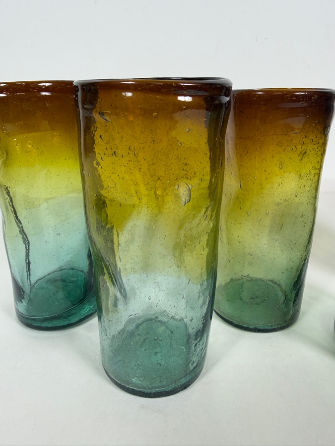 Just Added - Vintage Mexican Hand Blown Art Glass Highball Drinking Glasses Set Of 5, Ombre Gradient Brown Yellow Aqua Teal Green, Wavy Dimpled Organic Textured Bubble Highball Barware 6.25' [Photo 3]