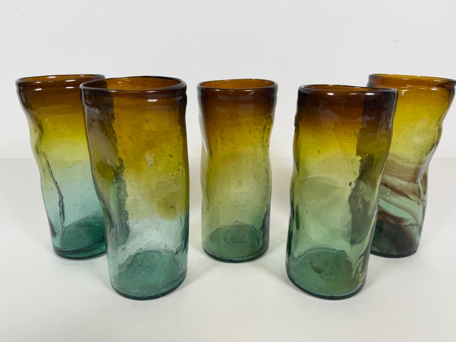 Just Added - Vintage Mexican Hand Blown Art Glass Highball Drinking Glasses Set Of 5, Ombre Gradient Brown Yellow Aqua Teal Green, Wavy Dimpled Organic Textured Bubble Highball Barware 6.25' [Photo 2]