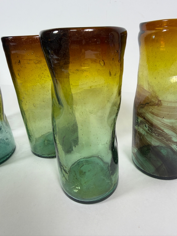 Just Added - Vintage Mexican Hand Blown Art Glass Highball Drinking Glasses Set Of 5, Ombre Gradient Brown Yellow Aqua Teal Green, Wavy Dimpled Organic Textured Bubble Highball Barware 6.25' [Photo 4]