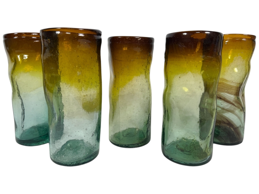Just Added - Vintage Mexican Hand Blown Art Glass Highball Drinking Glasses Set Of 5, Ombre Gradient Brown Yellow Aqua Teal Green, Wavy Dimpled Organic Textured Bubble Highball Barware 6.25'