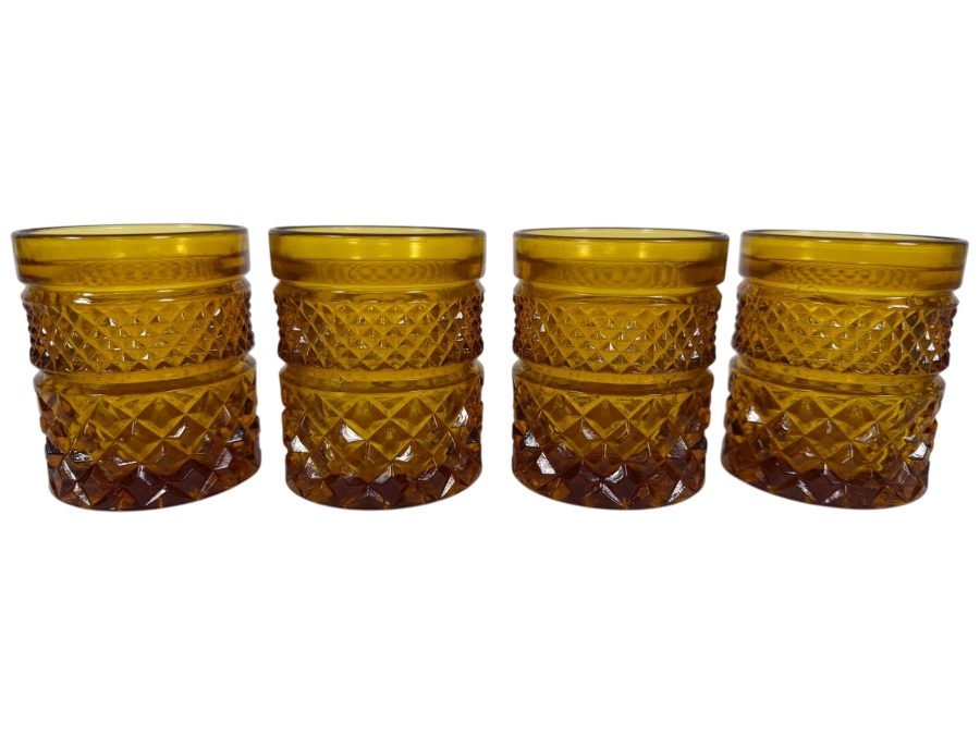 Just Added - Vintage Anchor Hocking Wexford Amber Glass Old Fashioned Tumbler 4 Piece Set, Mid Century Modern Diamond Point Criss Cross Heavy Pressed Drinking Barware 4'H