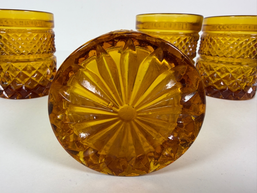Just Added - Vintage Anchor Hocking Wexford Amber Glass Old Fashioned Tumbler 4 Piece Set, Mid Century Modern Diamond Point Criss Cross Heavy Pressed Drinking Barware 4'H [Photo 4]