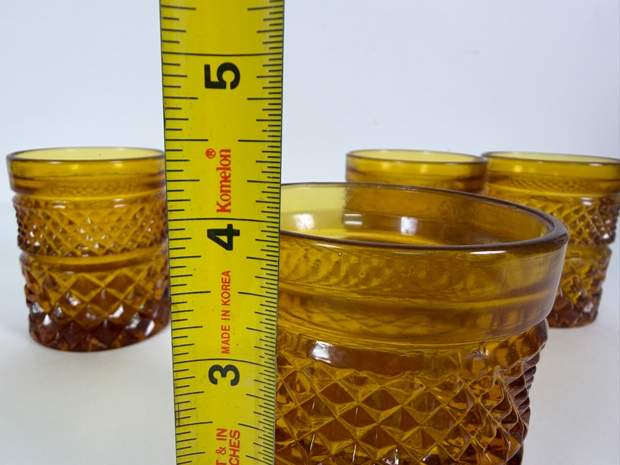 Just Added - Vintage Anchor Hocking Wexford Amber Glass Old Fashioned Tumbler 4 Piece Set, Mid Century Modern Diamond Point Criss Cross Heavy Pressed Drinking Barware 4'H [Photo 5]