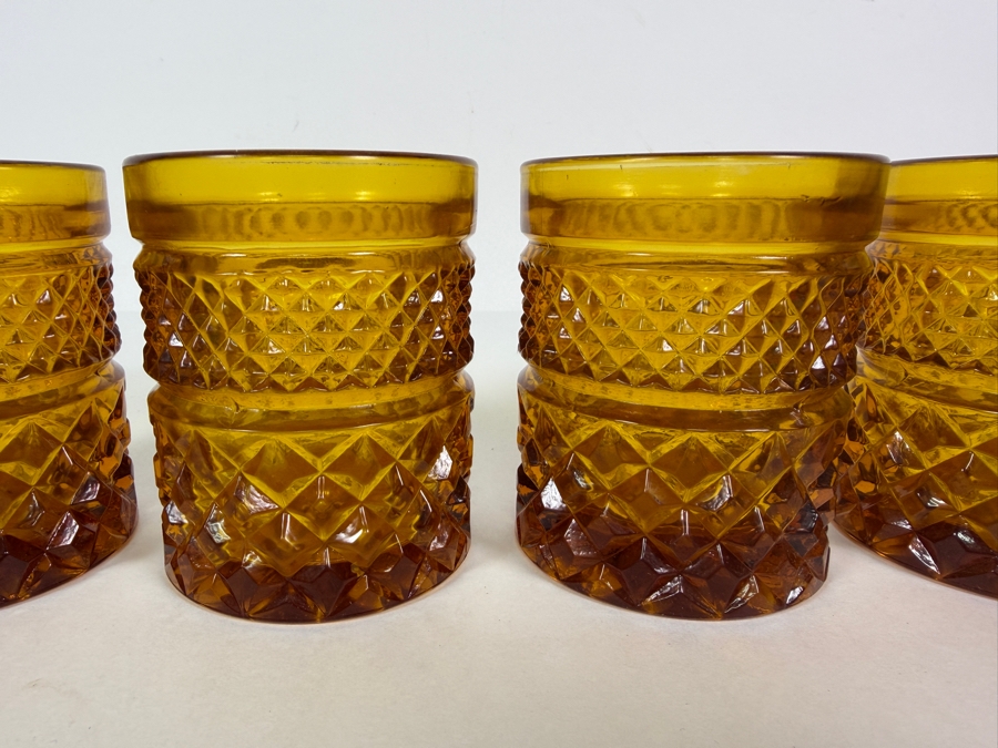 Just Added - Vintage Anchor Hocking Wexford Amber Glass Old Fashioned Tumbler 4 Piece Set, Mid Century Modern Diamond Point Criss Cross Heavy Pressed Drinking Barware 4'H [Photo 2]