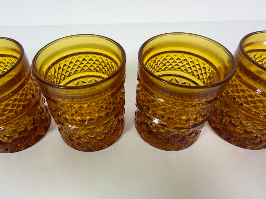 Just Added - Vintage Anchor Hocking Wexford Amber Glass Old Fashioned Tumbler 4 Piece Set, Mid Century Modern Diamond Point Criss Cross Heavy Pressed Drinking Barware 4'H [Photo 3]
