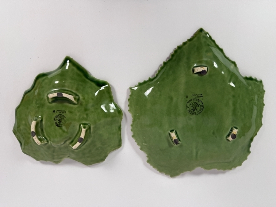 Just Added - Vintage Bordallo Pinheiro Portugal Autumn Harvest Grape Leaf Platter Serving Dish 2 Piece Set, Green Textured Majolica Variegated Pink Yellow Edge Earthenware Pottery 9'W and 7.5'W [Photo 4]