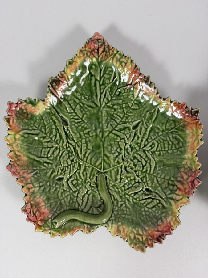 Just Added - Vintage Bordallo Pinheiro Portugal Autumn Harvest Grape Leaf Platter Serving Dish 2 Piece Set, Green Textured Majolica Variegated Pink Yellow Edge Earthenware Pottery 9'W and 7.5'W [Photo 2]