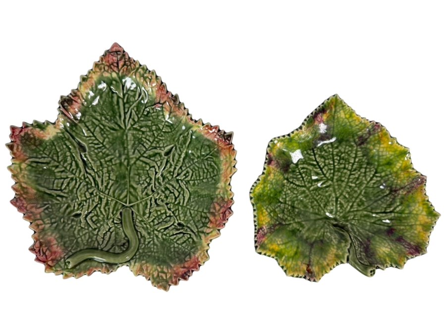 Just Added - Vintage Bordallo Pinheiro Portugal Autumn Harvest Grape Leaf Platter Serving Dish 2 Piece Set, Green Textured Majolica Variegated Pink Yellow Edge Earthenware Pottery 9'W and 7.5'W