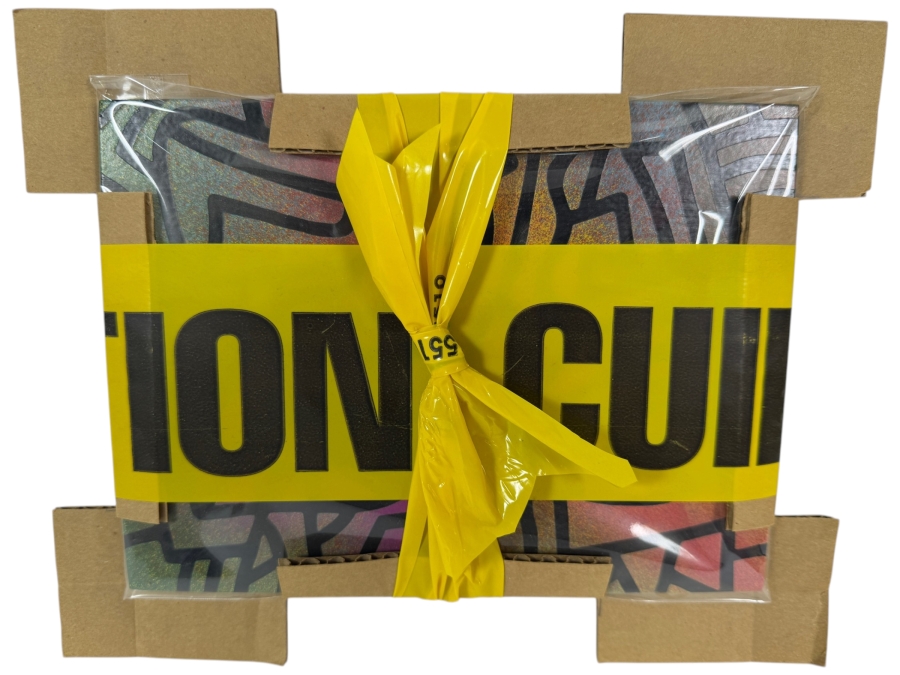 Just Added - Santos Orellana (B. 1974, American) Urban Pop Artwork On Board with Artist Embellished Caution Tape Packaging 'The Art Of Santos' 8' X 6'