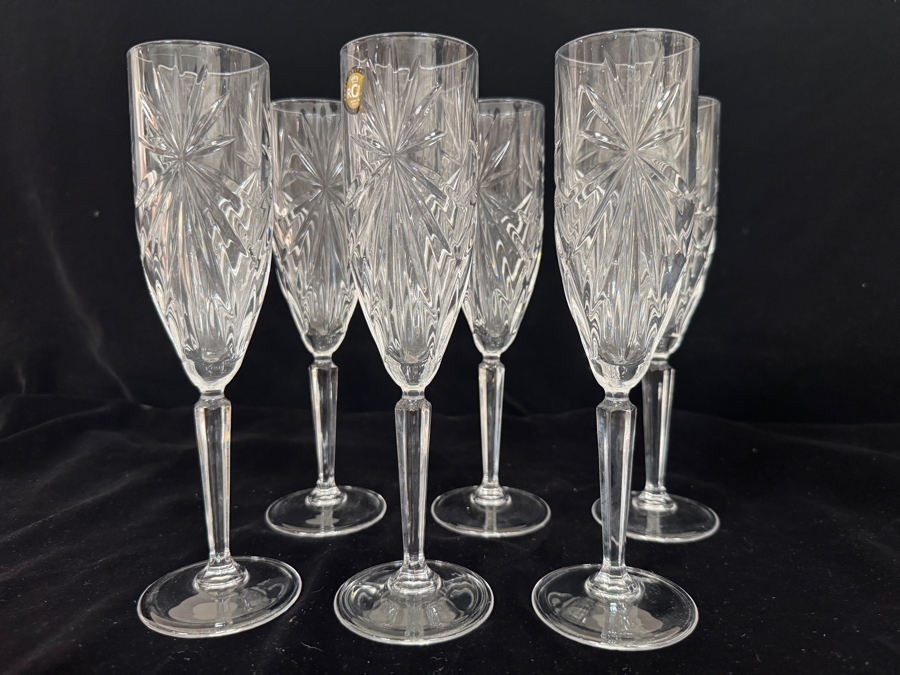 Just Added - RCR Cristalleria Italiana Oasis Lead Free Crystal Champagne Flute Glasses Set Of 6, Brilliant Multi Faceted Starburst Cut Clear Stemware Toasting Goblets Made In Italy 8 7/8'H [Photo 2]