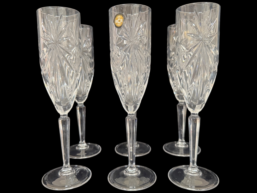 Just Added - RCR Cristalleria Italiana Oasis Lead Free Crystal Champagne Flute Glasses Set Of 6, Brilliant Multi Faceted Starburst Cut Clear Stemware Toasting Goblets Made In Italy 8 7/8'H