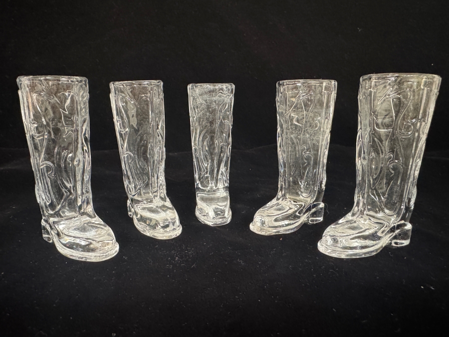 Just Added - Vintage Circleware Kick Back Clear Glass Cowboy Boot Shot Glasses Set Of 5, Embossed Heavy Base Novelty Western Theme Country Shooter Cups 3.25'H