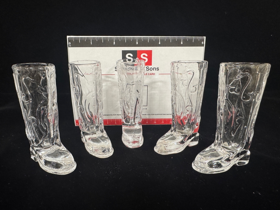 Just Added - Vintage Circleware Kick Back Clear Glass Cowboy Boot Shot Glasses Set Of 5, Embossed Heavy Base Novelty Western Theme Country Shooter Cups 3.25'H [Photo 4]