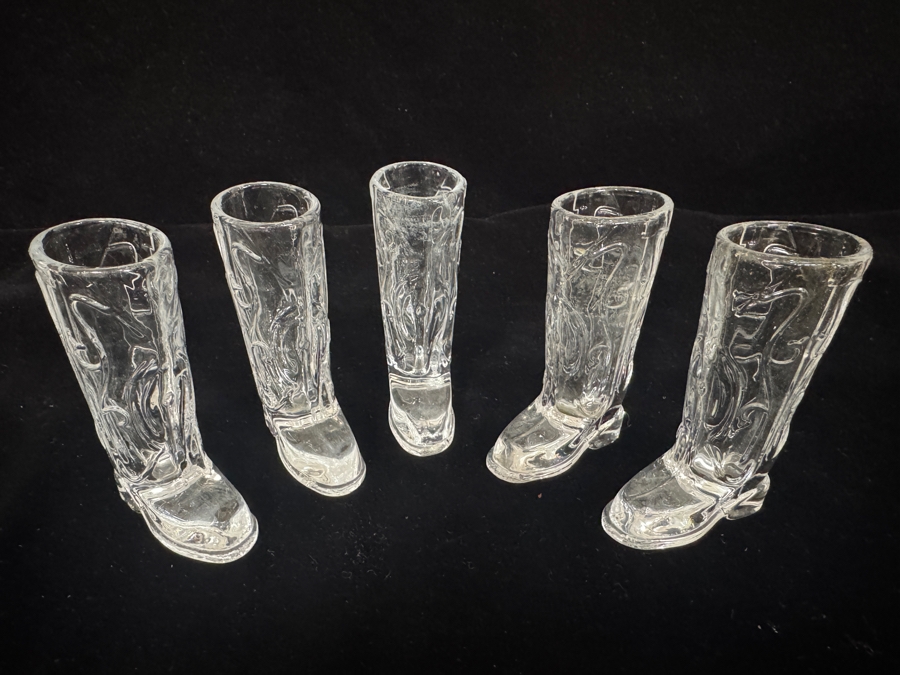 Just Added - Vintage Circleware Kick Back Clear Glass Cowboy Boot Shot Glasses Set Of 5, Embossed Heavy Base Novelty Western Theme Country Shooter Cups 3.25'H [Photo 2]