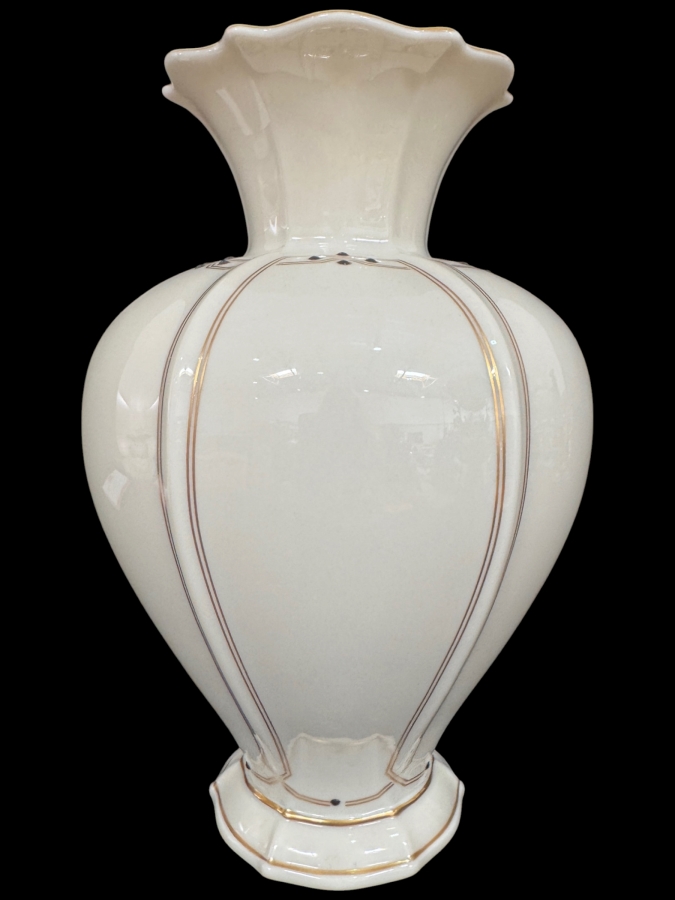 Just Added - Vintage Lenox Vanguard Collection Fine Ivory Porcelain Flower Vase, 24k Gold Trimmed Vertical Lines Scalloped Flared Tulip Rim, Raised Black Enamel Dot Accent Made In USA 9.75'H