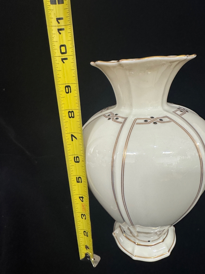 Just Added - Vintage Lenox Vanguard Collection Fine Ivory Porcelain Flower Vase, 24k Gold Trimmed Vertical Lines Scalloped Flared Tulip Rim, Raised Black Enamel Dot Accent Made In USA 9.75'H [Photo 4]