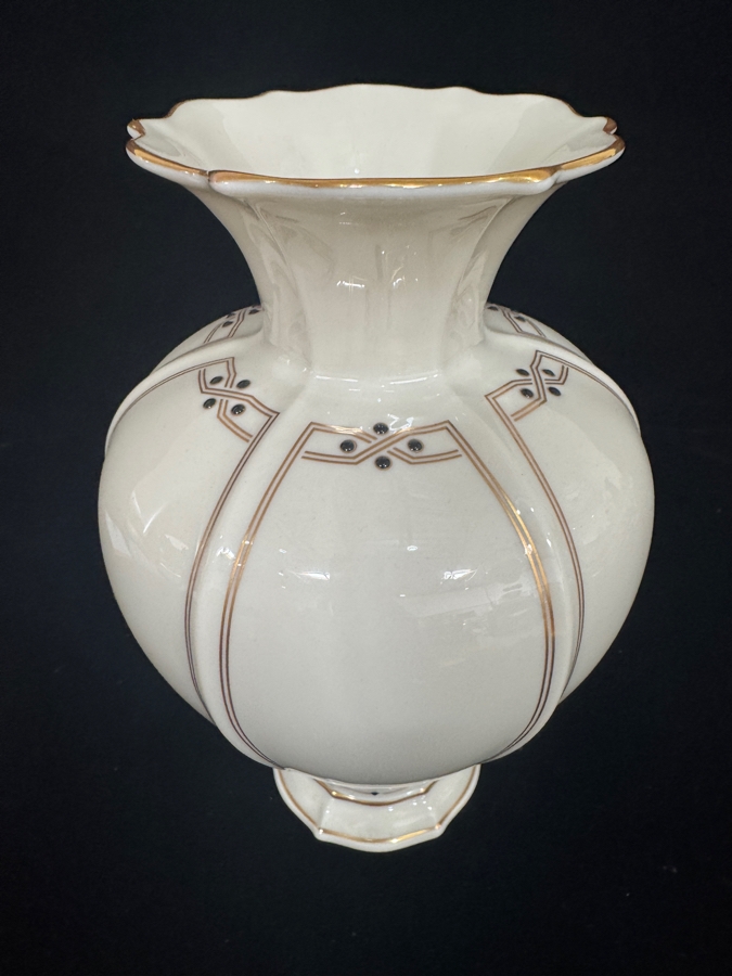 Just Added - Vintage Lenox Vanguard Collection Fine Ivory Porcelain Flower Vase, 24k Gold Trimmed Vertical Lines Scalloped Flared Tulip Rim, Raised Black Enamel Dot Accent Made In USA 9.75'H [Photo 2]