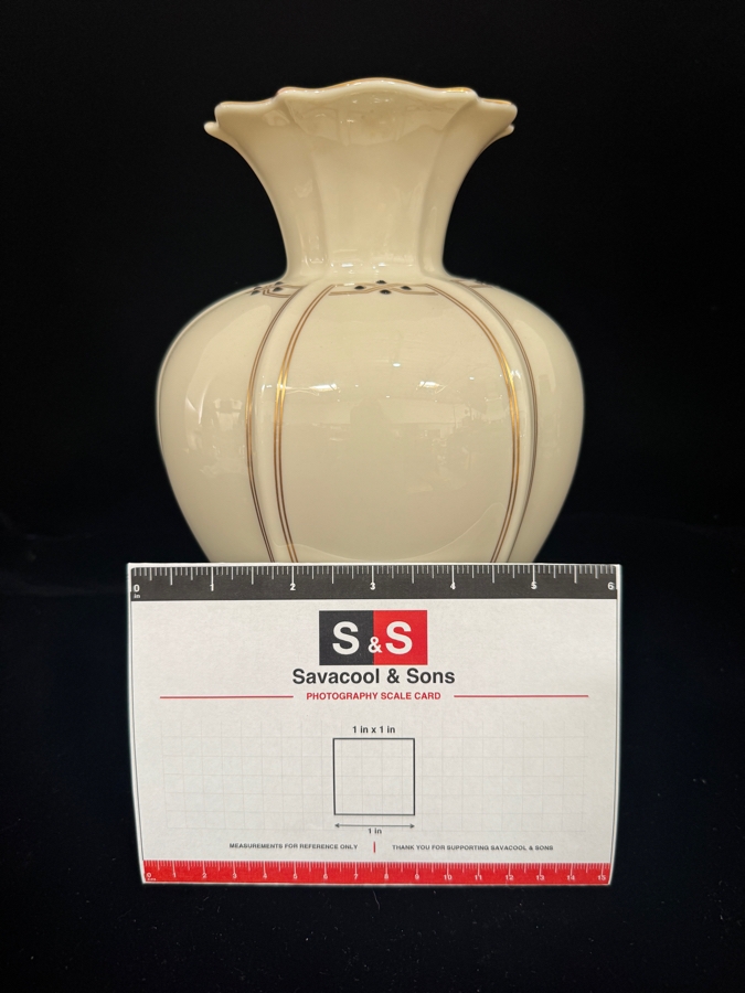Just Added - Vintage Lenox Vanguard Collection Fine Ivory Porcelain Flower Vase, 24k Gold Trimmed Vertical Lines Scalloped Flared Tulip Rim, Raised Black Enamel Dot Accent Made In USA 9.75'H [Photo 5]