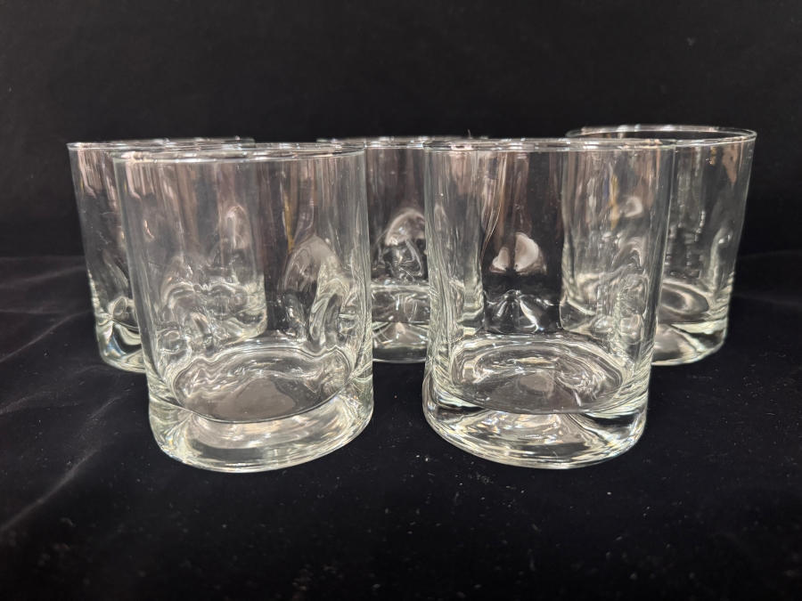 Just Added - Vintage Clear Glass Double Old Fashioned Tumbler 5 Piece Set, Mid Century Modern Thumbprint Dimple Pinch Gripper Heavy Base Whiskey Rocks Barware 4'H
