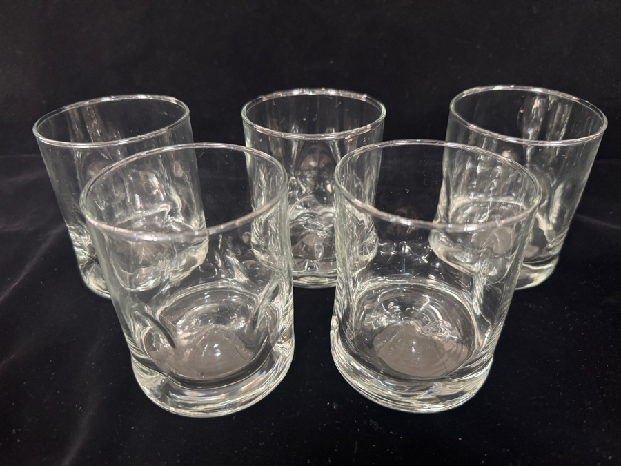Just Added - Vintage Clear Glass Double Old Fashioned Tumbler 5 Piece Set, Mid Century Modern Thumbprint Dimple Pinch Gripper Heavy Base Whiskey Rocks Barware 4'H [Photo 2]
