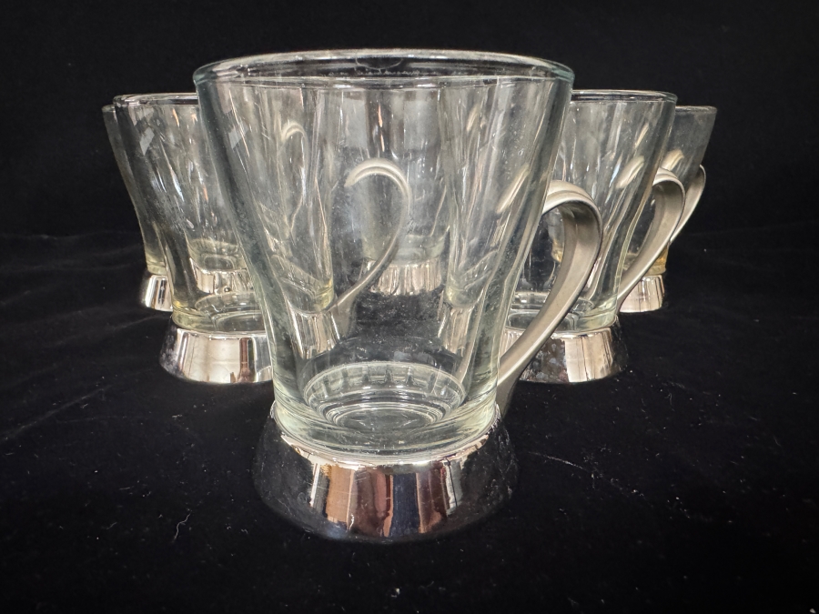 Just Added - Bormioli Rocco Italy Tempered Clear Glass Coffee Mug 6 Piece Set, Regent Inox Stainless Steel Removable Metal Handle Base, Heavy Bottomed Footed Cafe Espresso Tea Cup 3.75'H