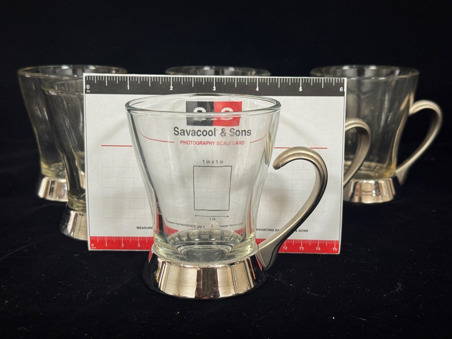 Just Added - Bormioli Rocco Italy Tempered Clear Glass Coffee Mug 6 Piece Set, Regent Inox Stainless Steel Removable Metal Handle Base, Heavy Bottomed Footed Cafe Espresso Tea Cup 3.75'H [Photo 5]