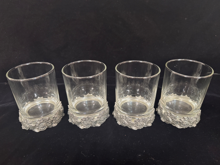 Just Added - Vagabond House Nautilus Double Old Fashioned Glass 4 Piece Set, Clear Sea And Shore Lowball Rocks Tumblers Intricate Coastal Textured Pewter Seashell Footed Base Barware 4.25'H [Photo 2]