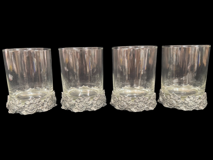Just Added - Vagabond House Nautilus Double Old Fashioned Glass 4 Piece Set, Clear Sea And Shore Lowball Rocks Tumblers Intricate Coastal Textured Pewter Seashell Footed Base Barware 4.25'H