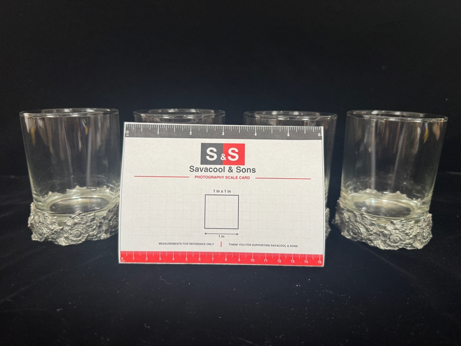 Just Added - Vagabond House Nautilus Double Old Fashioned Glass 4 Piece Set, Clear Sea And Shore Lowball Rocks Tumblers Intricate Coastal Textured Pewter Seashell Footed Base Barware 4.25'H [Photo 5]