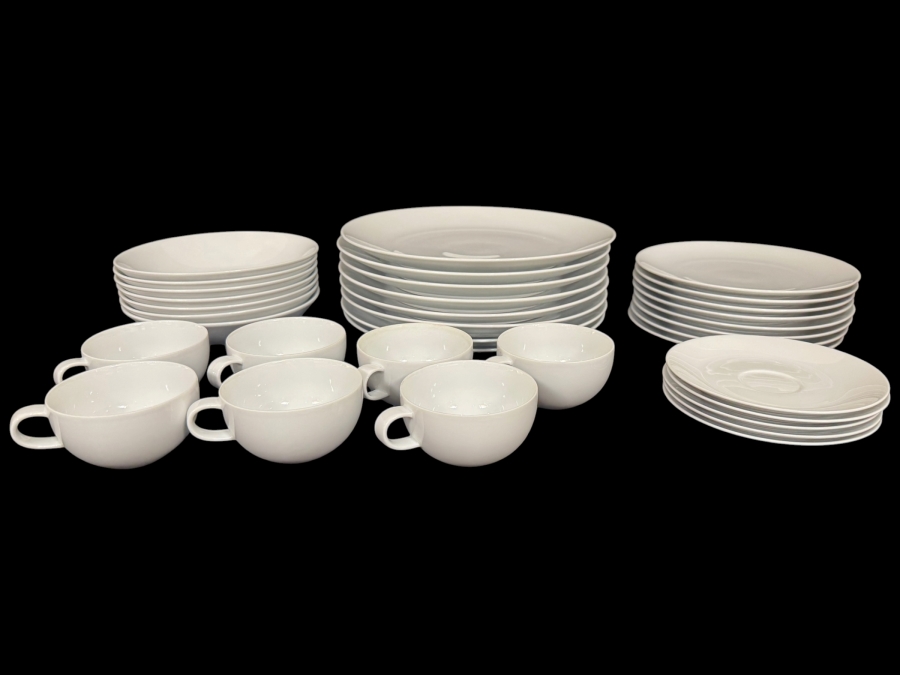 Just Added - Studio Nova Tivoli White Y0104 Fine Porcelain Dinnerware Set Lot Of 28, Coupe Round Modern Minimalist Wide Rim Soup Cereal Salad Plates Dinner Plates Cups Saucers