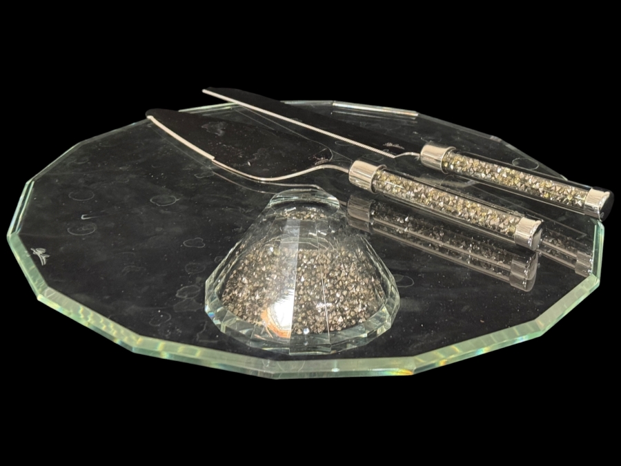 Just Added - Oleg Cassini Crystal Diamond Flatware Cake Knife And Server 3 Piece Set, Octagonal Beveled Glass Pedestal Stand Stainless Steel Rhinestone Filled Handles with Original Boxes