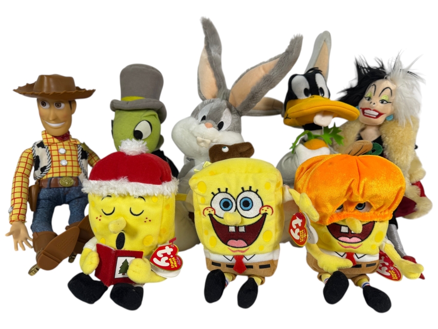 Just Added - (8) Plush Lot Featuring Ty Beanie Babies Spongebob Squarepants, Disney Toy Story Woody, Jiminy Cricket, Looney Tunes Bugs Bunny, Daffy Duck, 101 Dalmatians Cruella De Vil