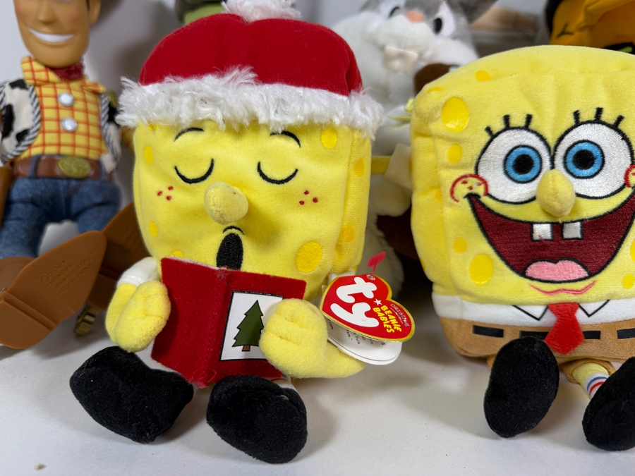 Just Added - (8) Plush Lot Featuring Ty Beanie Babies Spongebob Squarepants, Disney Toy Story Woody, Jiminy Cricket, Looney Tunes Bugs Bunny, Daffy Duck, 101 Dalmatians Cruella De Vil [Photo 2]