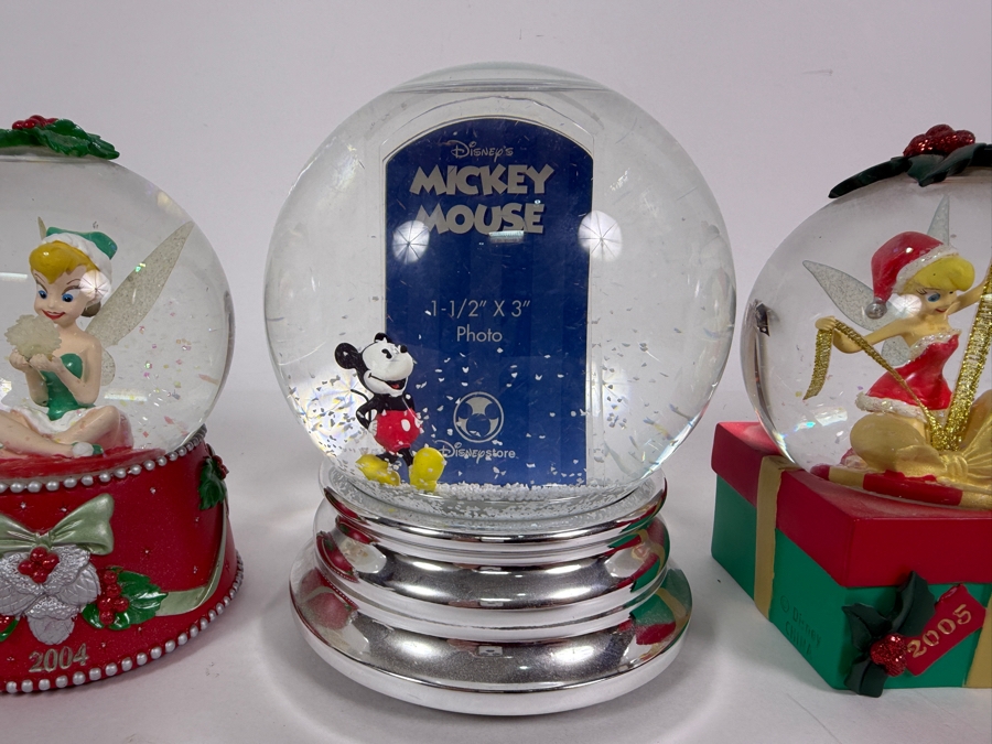 Just Added - Disney Store Christmas Holiday Snow Globe Lot Of 3, 2004 Tinker Bell Snowflake Night Light, Mickey Mouse Picture Frame Chrome Base, 2005 Tinkerbell Gift Box Present Base [Photo 2]