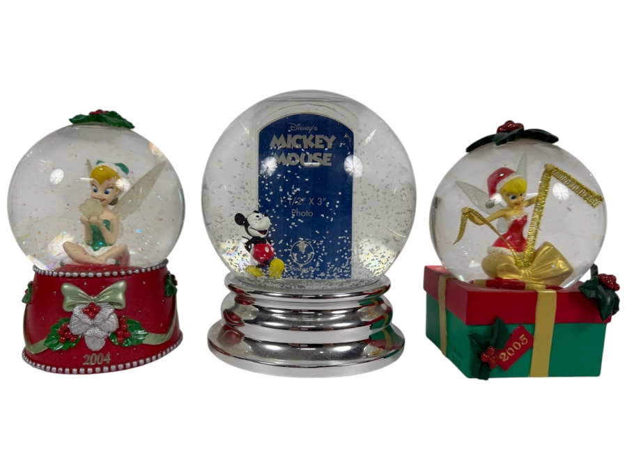 Just Added - Disney Store Christmas Holiday Snow Globe Lot Of 3, 2004 Tinker Bell Snowflake Night Light, Mickey Mouse Picture Frame Chrome Base, 2005 Tinkerbell Gift Box Present Base