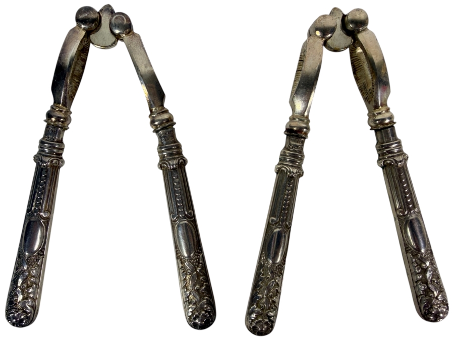 Just Added - Pair Of Antique English Victorian Sterling Silver Handled Nutcrackers, Hilliard And Thomason H And T Makers Mark, Birmingham Assay Office Lion Passant