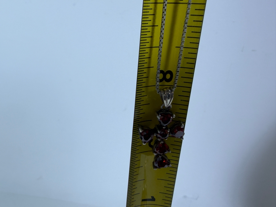 Just Added - 925 Sterling Silver Red Garnet Cross Pendant Box Chain Necklace, 16'L 6.0g [Photo 7]