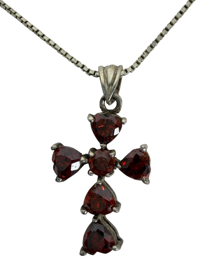 Just Added - 925 Sterling Silver Red Garnet Cross Pendant Box Chain Necklace, 16'L 6.0g